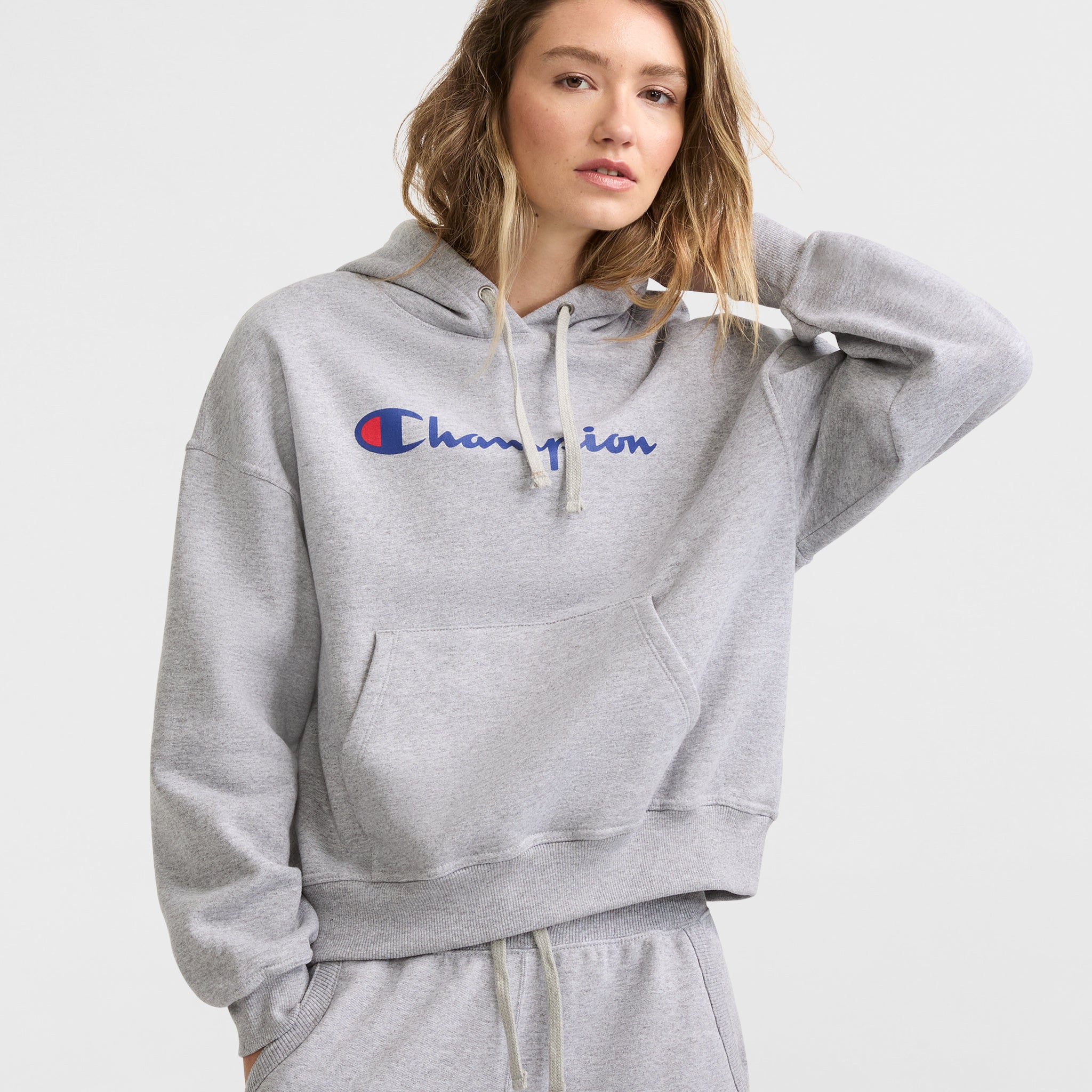 Champion Powerblend Hoodie - Retro Script Logo, Soft Cotton Fleece Pullover