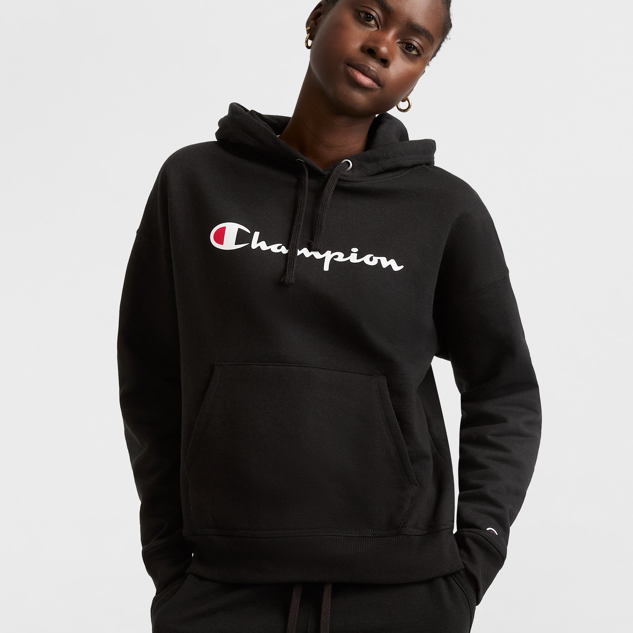 Champion Powerblend Hoodie - Retro Script Logo, Soft Cotton Fleece Pullover
