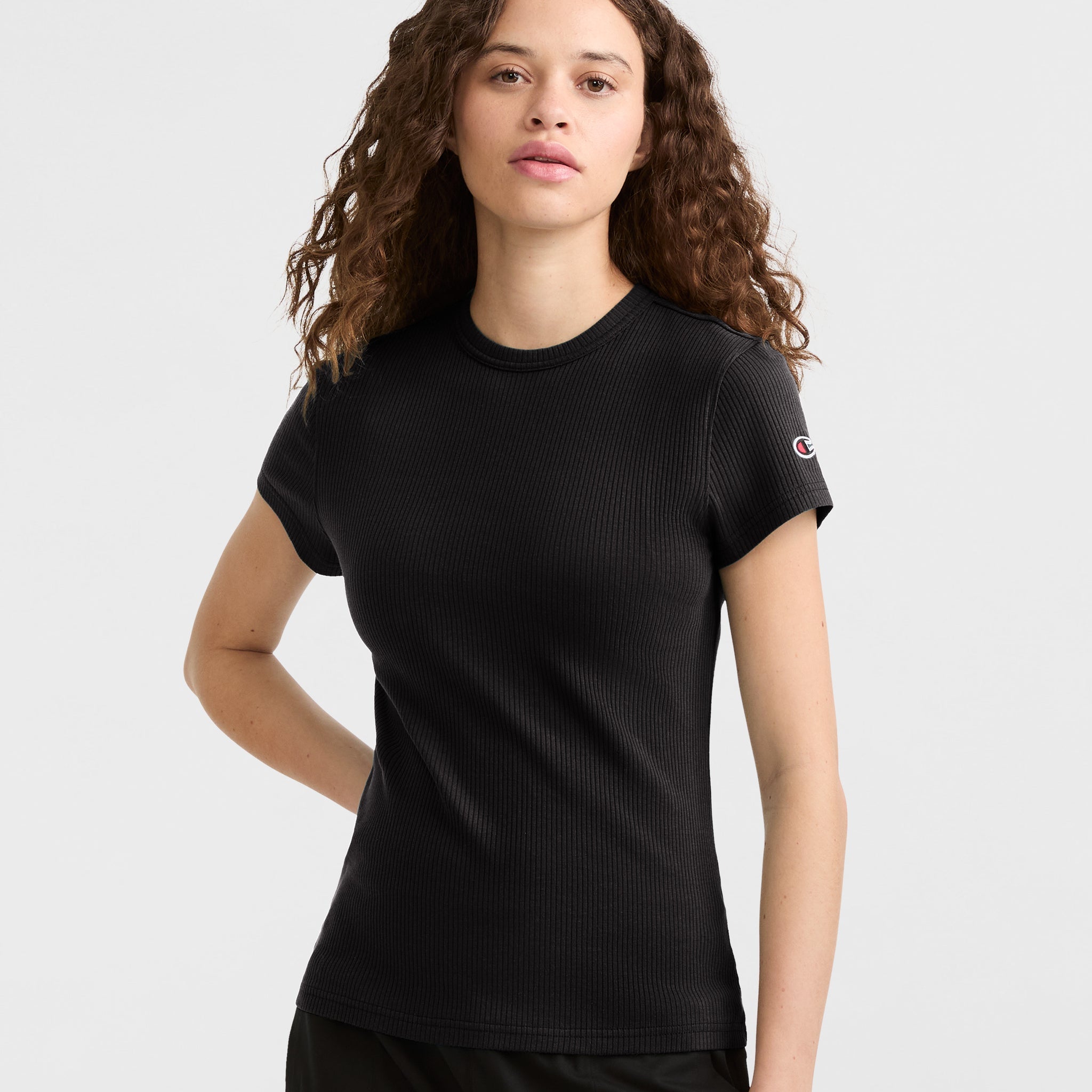 Women's Slim Ribbed Tee with C Patch - Cotton Blend Crew Neck