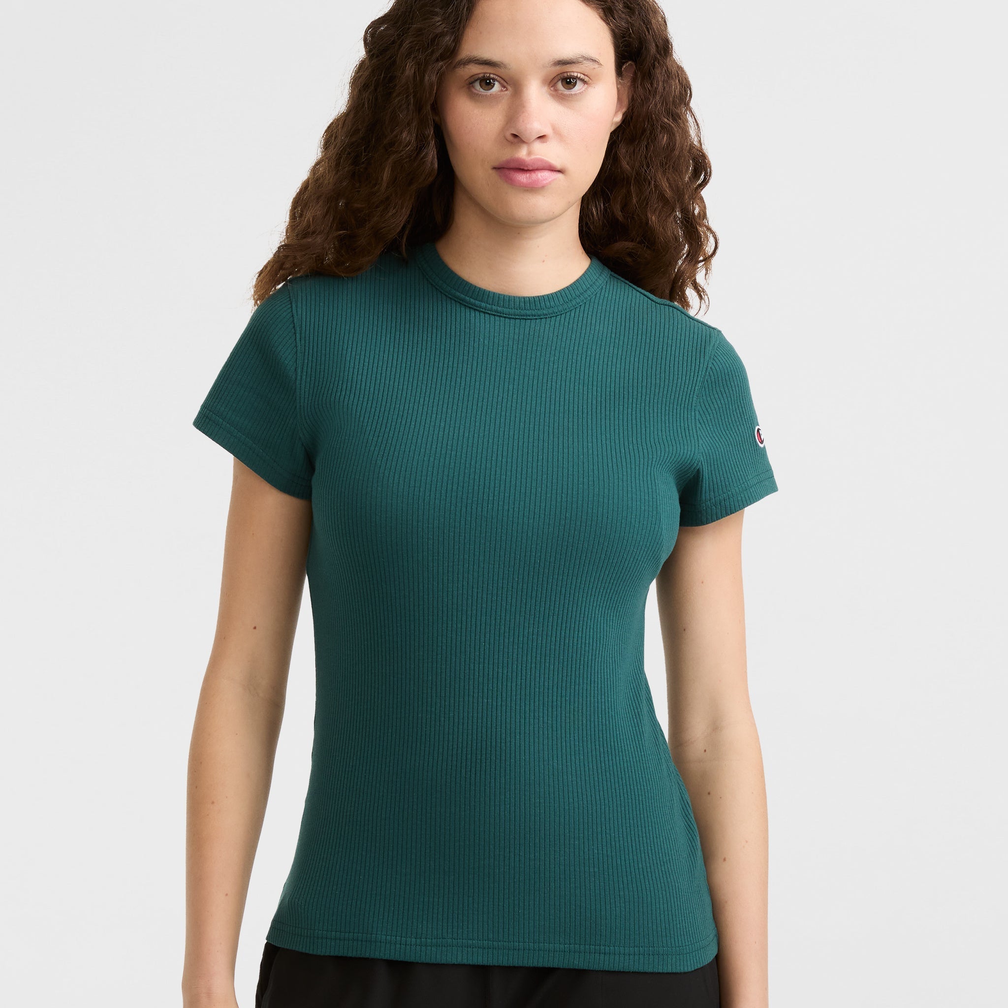 Women's Slim Ribbed Tee with C Patch - Cotton Blend Crew Neck