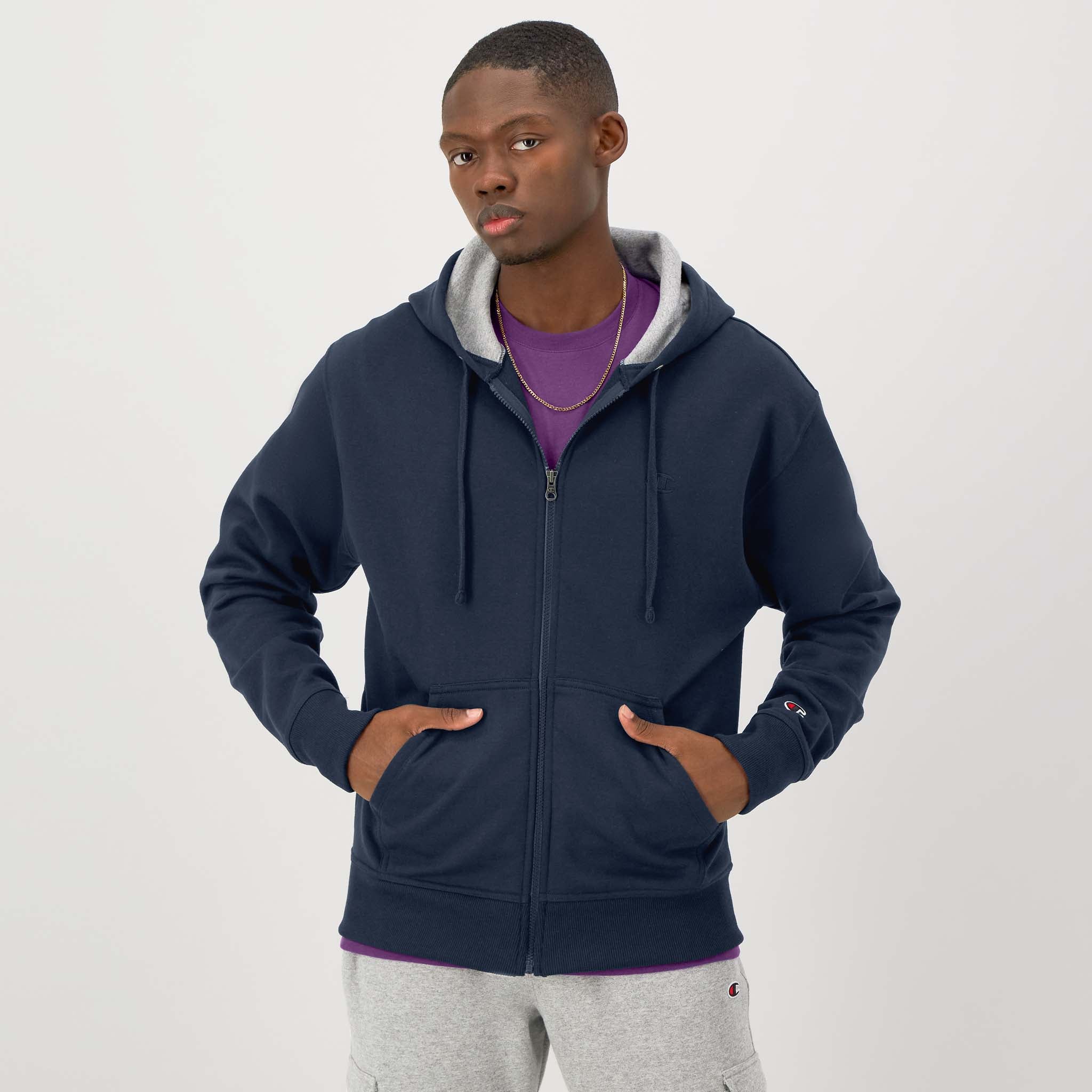 Champion Powerblend Full-Zip Hoodie with C Logo - Men's Fleece Sweatshirt