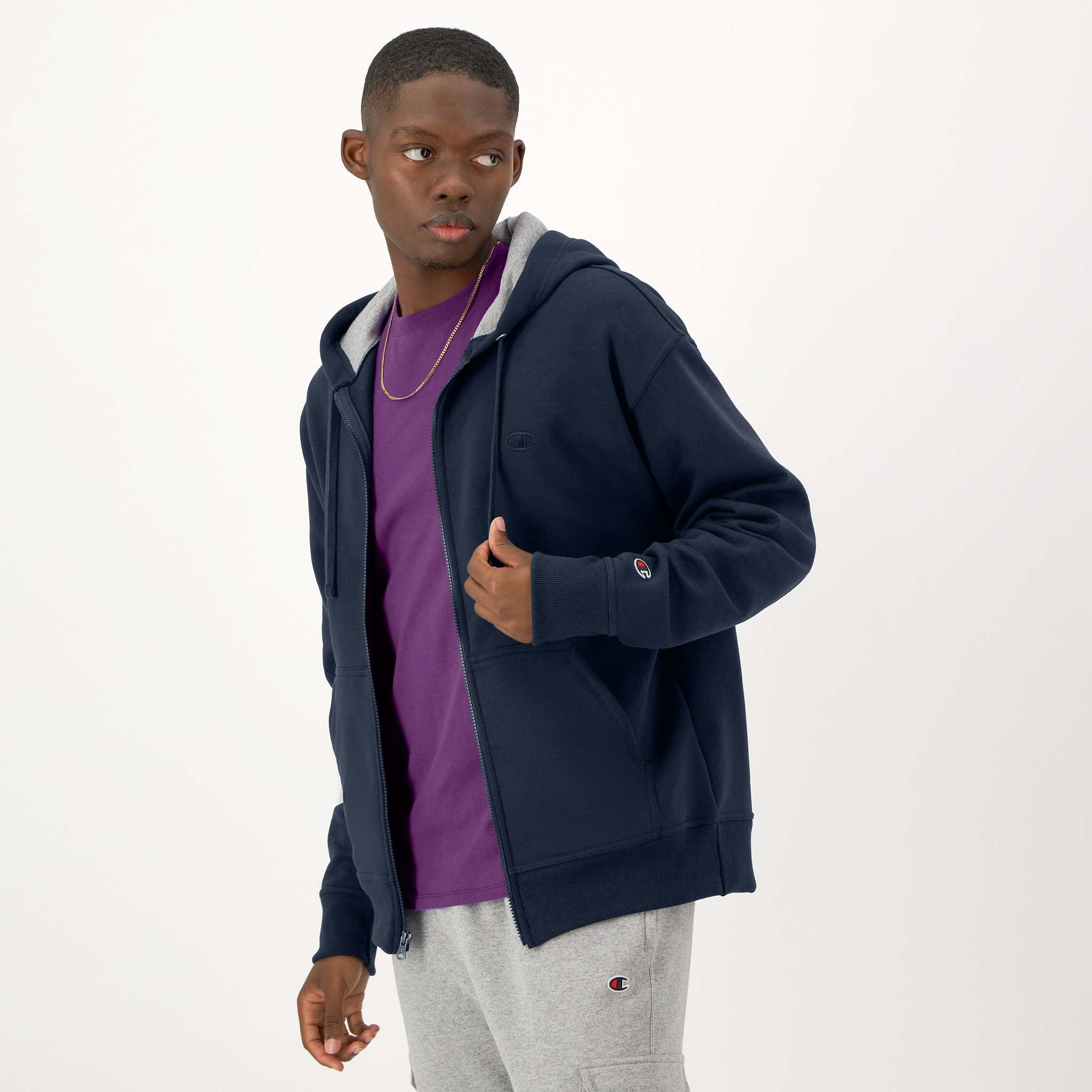 Champion Powerblend Full-Zip Hoodie with C Logo - Men's Fleece Sweatshirt