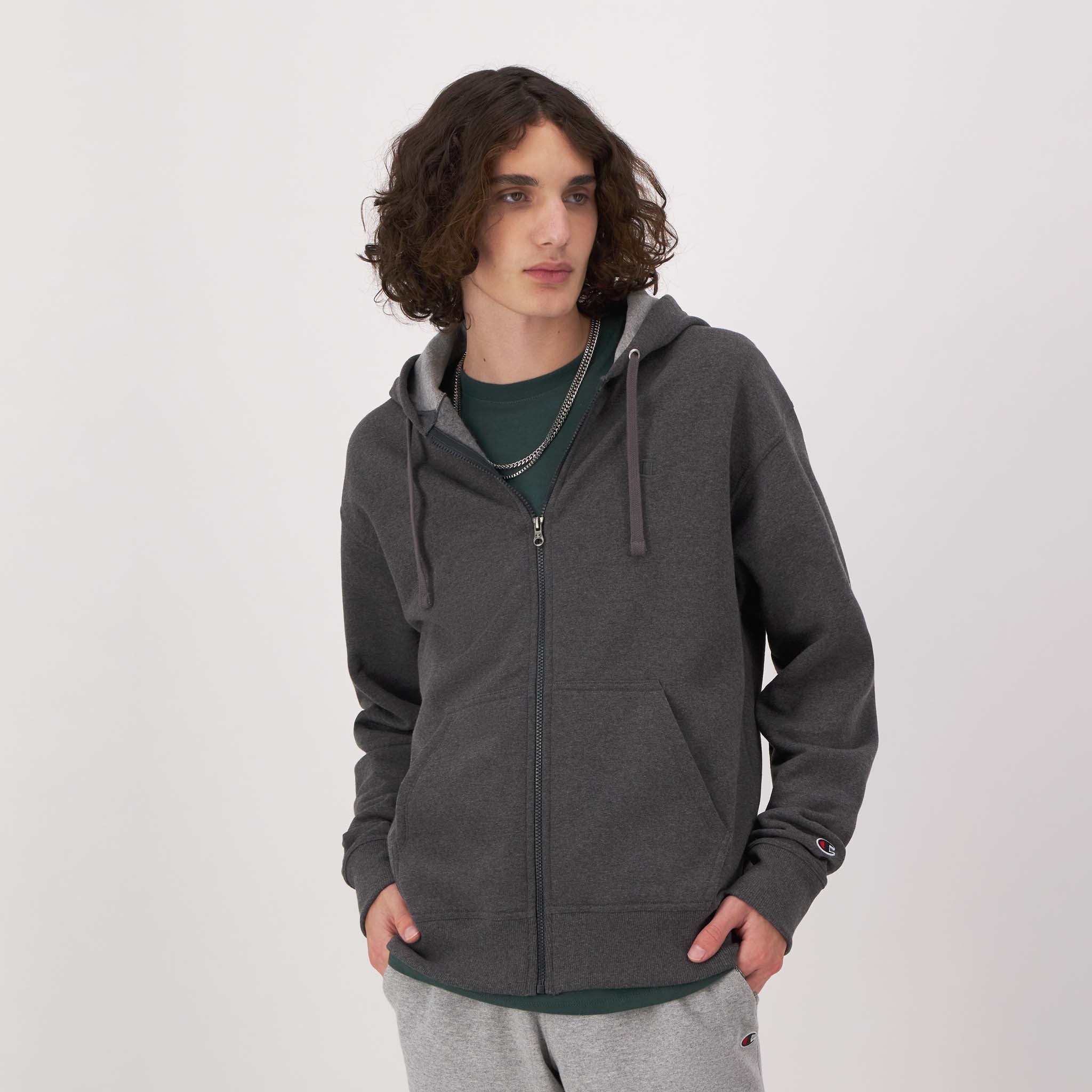 Champion Powerblend Full-Zip Hoodie with C Logo - Men's Fleece Sweatshirt